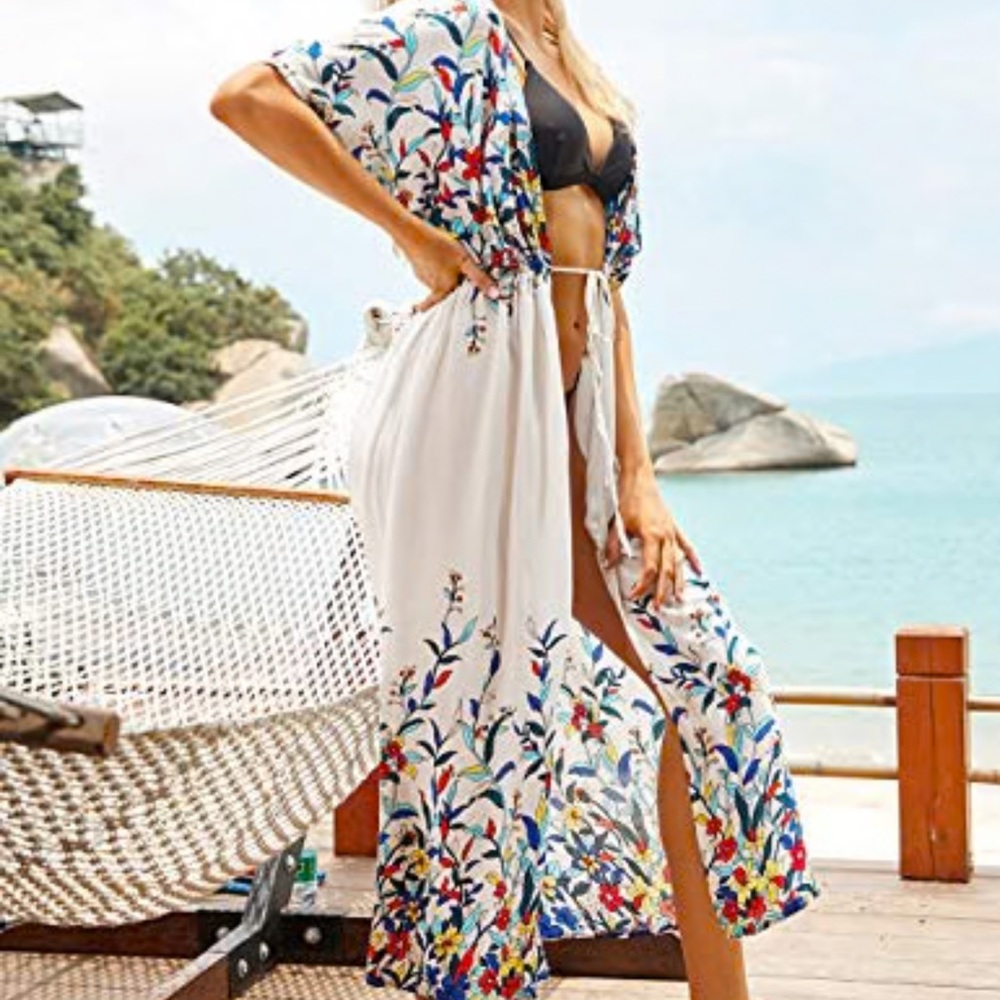 Cupshe White Floral Maxi Swim Coverup with Multicolor Print